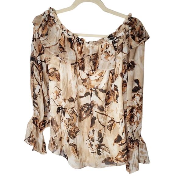 St. John Tops - St John Brown/Cream Floral Ruffled Collar Blouse, Size 6